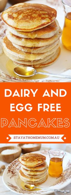 pancakes stacked on top of each other with syrup in the background and text overlay that reads dairy and egg free pancakes