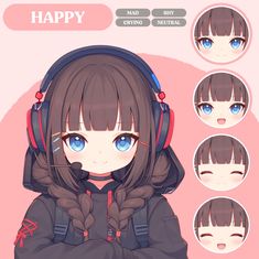 an anime character with headphones on her face and various facial expressions, including the words happy