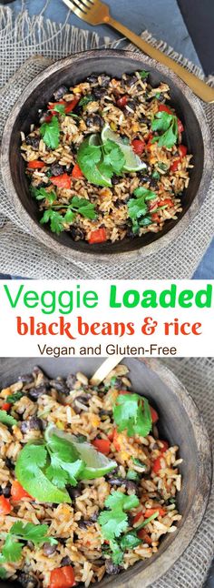 vegetable loaded black beans and rice in a skillet