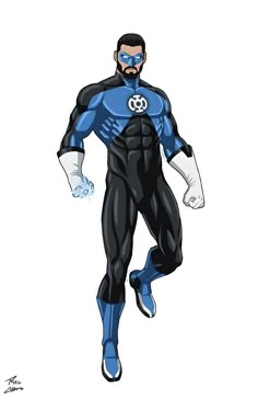 a drawing of a man in blue and black costume with his hands on his hips