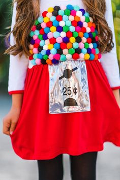 *Please refer to size chart for the best fit* Dress features an adorable bubblegum machine inspired design Bodice features rainbow pom pom bubblegum balls Skirt features a red & metallic silver design Comes with matching headband Halloween just got a whole lot sweeter with our adorable Bubblegum Girl Costume Set! This girls' dress features a white bodice with pom pom detailing and a red skirt attached, making it a staple addition to her Halloween or dress up wear. The soft fabric makes for cool Diy Gumball Machine Costume, Gumball Costume, Diy Gumball Machine, Snowman Costume, Easy Halloween Costume, Candy Costumes, Baby Kostüm