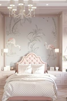 a bedroom with flamingos on the wall and a chandelier hanging from the ceiling