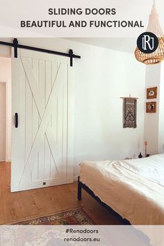 a bedroom with a bed, rug and barn door on the wall next to it