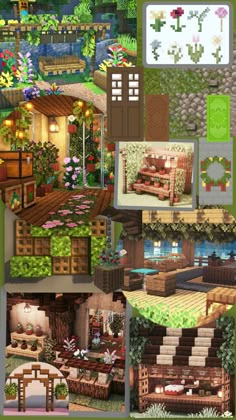 a collage of photos showing different types of plants and furniture in the same area