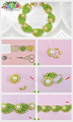 instructions to make beaded bracelets with green beads and gold leaves on pink background