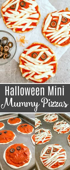 homemade halloween mini pizzas with white icing and black olives in the middle