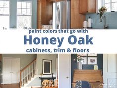 the kitchen and living room are painted blue with honey oak cabinets, trim & floors