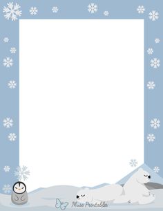 a polar bear and penguin with snowflakes on the ground in front of a blank paper