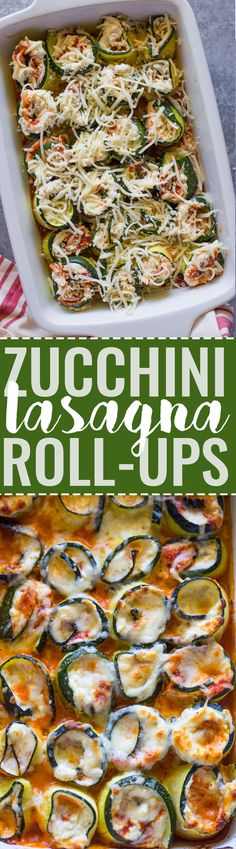 zucchini casserole rolls in a baking dish with the title overlay