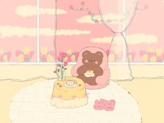 a teddy bear sitting on a chair in front of a window with pink walls and clouds