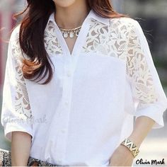 Olivia Mark - Short Sleeve Loose Fit White Shirt with Lace Detail and Hollow Out Design Batwing Sleeve Shirt, White Lace Shirt, White Top Women, Women White Blouse, Simple Blouse, White Chiffon, Elegant Blouses, Women Shirts Blouse, Fashion 2018