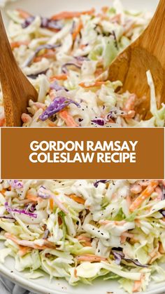 a close up of a plate of coleslaw with two wooden spoons in it