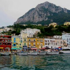 many boats are docked in the water near some buildings and a large mountain behind them