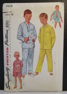 Simplicity Pattern 1434 Boys  Pajamas Two Lengths Size 14 Cut Complete Vintage 1950s Boys, 1960s Patterns, Pajamas Summer, 1950s Sewing Patterns, Patron Vintage, Pajama Pattern, Convertible Collar, Winter Pajamas, Summer Pajamas