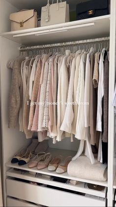 the closet is full of clothes and shoes