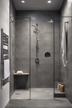 Modern bathroom featuring a walk-in shower with glass doors, dual shower heads, and a built-in bench with folded white towels. Shower Wet Room