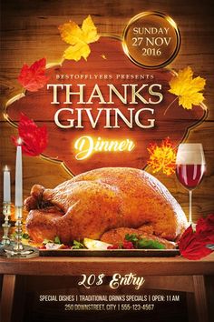 a thanksgiving dinner flyer with a turkey on a table