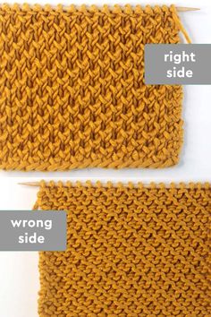 two rows of yellow knitted fabric with the words wrong side and right side