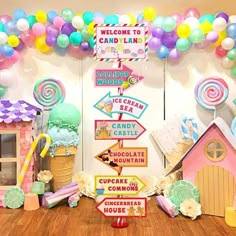 a candy land themed birthday party with balloons