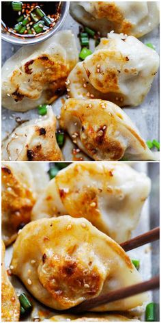 chicken dumplings with green beans and sauce on the side are shown in three different pictures