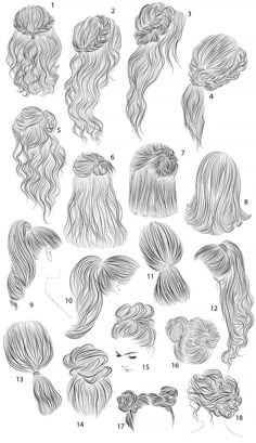 various hairstyles for women with long hair in different styles and sizes, all drawn up