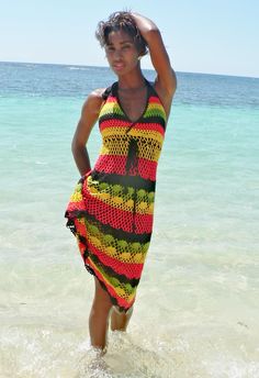 RASTA colors handmade crochet dress 02 . | Etsy Jamaican Dress, Jamaican Colors, Rasta Clothes, Diy Swimsuit, Crochet Summer Dresses, Crocheted Dress, Rasta Colors, Mode Crochet, Beach Dresses Summer