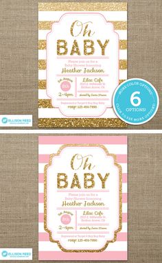 two baby shower cards with gold glitter and pink stripes