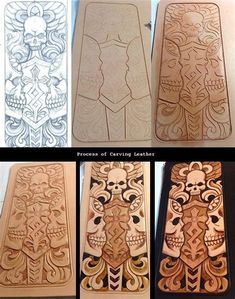 four different designs on wooden cutting boards with the same carving technique as shown in pictures