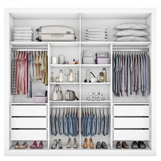 a white closet filled with lots of clothes and shoes