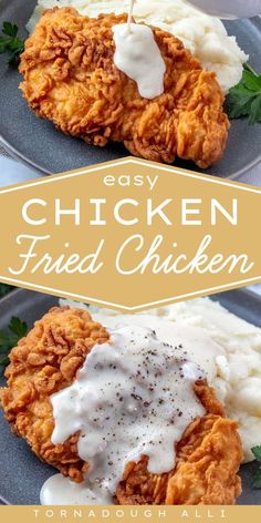 two plates with fried chicken and mashed potatoes