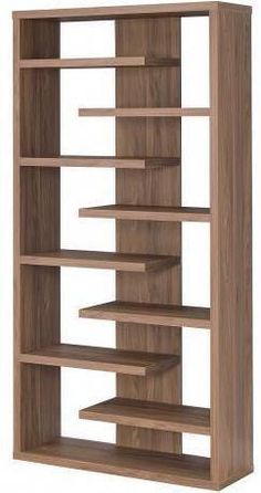 a wooden shelf with several shelves on each side