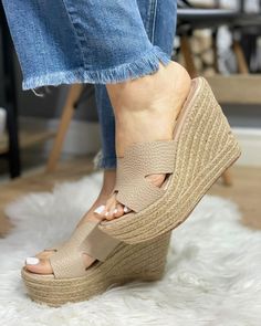 Luxury Modern Wedge Sandals With 4-inch Heel, Beige Wedge Sandals With Cork-bed Midsoles, Vacation Wedge Heel Sandals With Cork-bed Midsoles, Beach Wedge Sandals With Open Heel And Cork-bed Midsoles, Synthetic Open-toe Wedge Sandals With Textured Sole, Luxury Shoes, Wedge Sandals, Espadrilles, Wedges