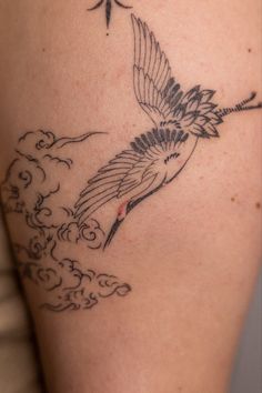 a bird flying in the sky with clouds around it's back leg and arm