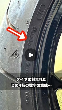 an arrow pointing to the left side of a tire with words written in japanese on it