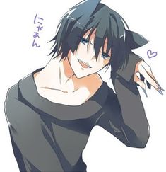 an anime character with black hair and blue eyes, wearing a black shirt while holding his hand up to his ear