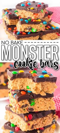 no bake monster cookie bars stacked on top of each other with text overlay