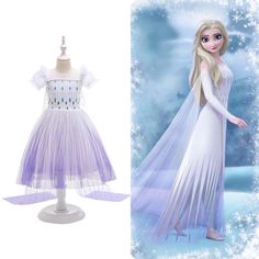 the frozen princess dress is shown next to an image of a doll dressed in white and purple