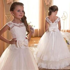 Kid Girl Evening Ball Gown Applique Bow Pageant Dress Satin Tulle Flower Dress  | eBay Girls Pageant Dresses Kids, Girls First Communion Dresses, Holy Communion Dresses, Cheap Flower Girl Dresses, Ball Gowns Princess, First Communion Dresses, Girls Pageant Dresses, Wedding Flower Girl Dresses, Flower Girl Dress Lace