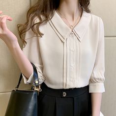 Beige Office Lady Tops, Beige Button-up Office Blouse, Beige Button-up Blouse For Office, Casual Beige Blouse For Office Wear, Feminine Beige Blouse For Office, Beige Collar Blouse For Office, Cream Collared Office Blouse, Fitted Beige Chiffon Blouse, Solid Chiffon Blouse For Office