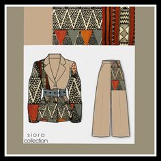 an illustration of a woman's jacket and pants with different patterns on them, including the