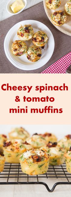 cheesey spinach and tomato mini muffins on a cooling rack with text overlay