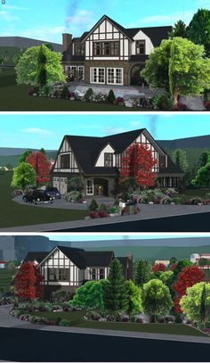 two renderings of the front and back views of a house with trees, shrubs and bushes