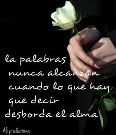 a person holding a white rose in their left hand with the words la palabras nunca alcanza, cuado lo que ha gay de decir desorda el