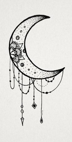 a drawing of a crescent with beads and stars hanging from it's back end