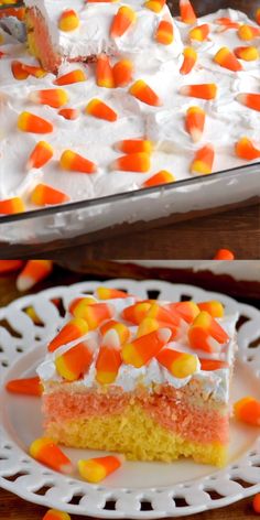 a slice of cake with candy corn on top and white frosting in the middle