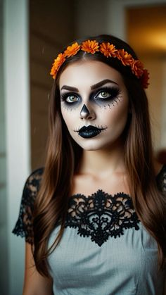 “Turn heads with this classic skeleton face makeup. Perfect for those who want to mix creepy with creative this Halloween!” Female Skeleton Face Makeup, Face Paint For Women Halloween, Womens Halloween Face Paint, Cute Easy Skeleton Makeup, Simple Skeleton Face Makeup, Pretty Skeleton Makeup Halloween, How To Paint Skeleton Face, Simple Skeleton Costume, Skeleton Make Up Ideas