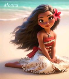 moana sitting on the beach with her hair blowing in the wind