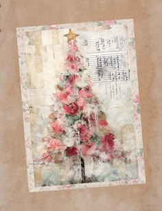 a collage of a christmas tree with music sheets and flowers on the bottom layer