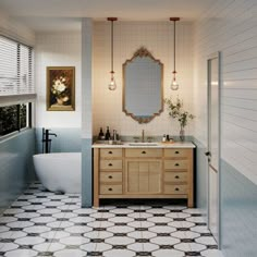 a bathroom with a sink, mirror and bathtub next to a window on the wall