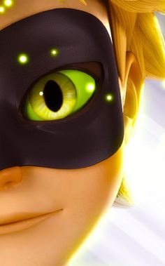 a close up of a person wearing a mask with glowing green eyes and yellow hair